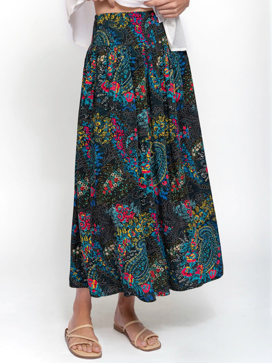 Addie Midi Skirt - Black Stippled Paisley