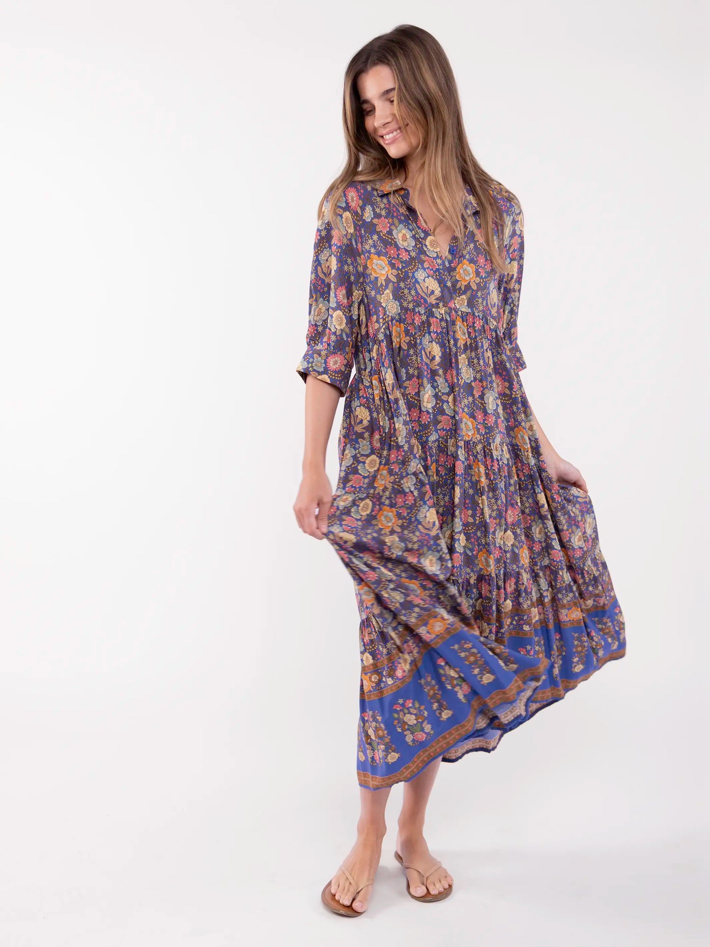 Rebecca Midi Dress - Blue Yellow Roses