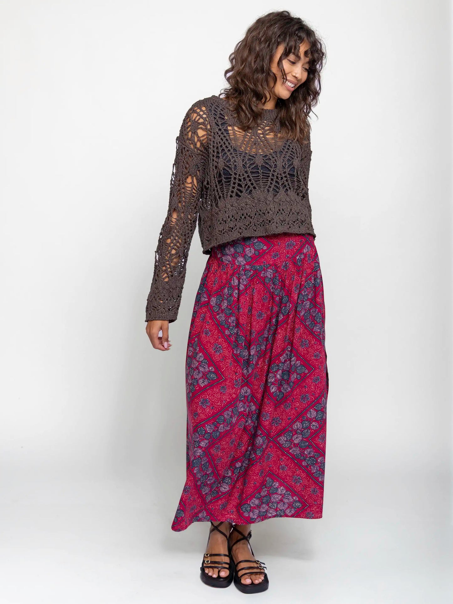 Addie Midi Skirt - Red Batik Bandana