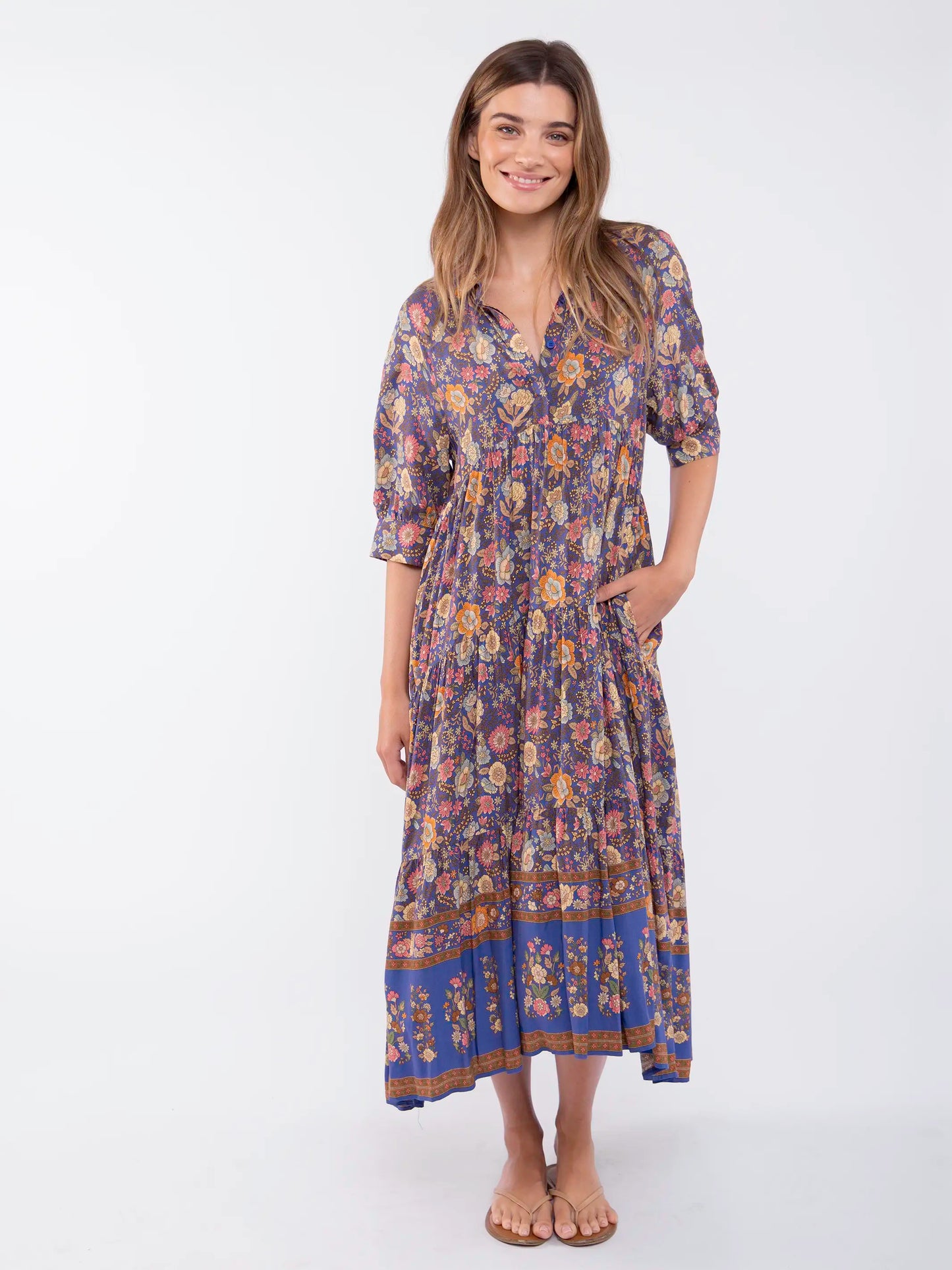 Rebecca Midi Dress - Blue Yellow Roses