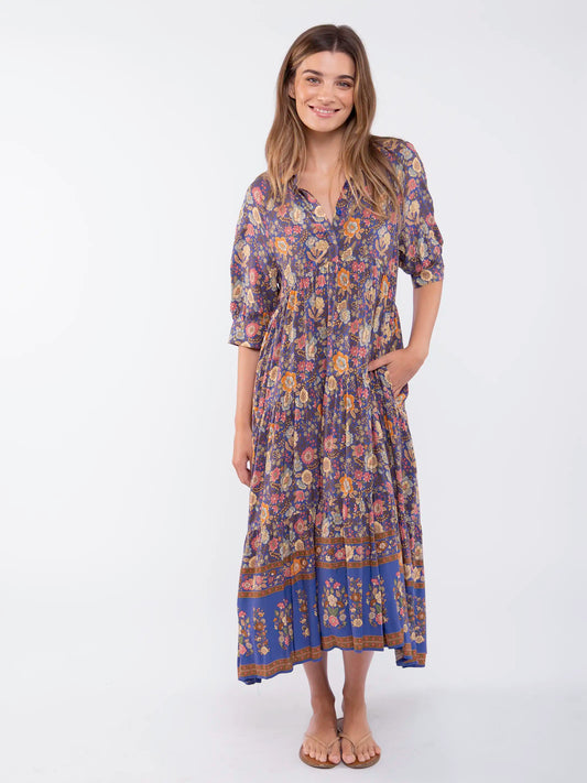 Rebecca Midi Dress - Blue Yellow Roses