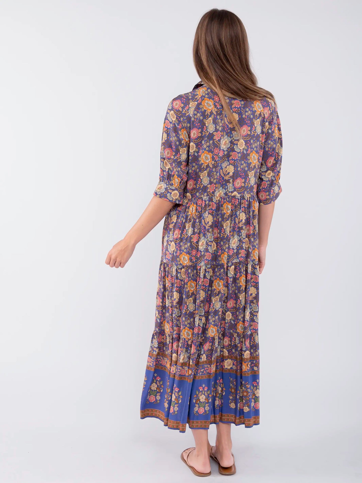 Rebecca Midi Dress - Blue Yellow Roses