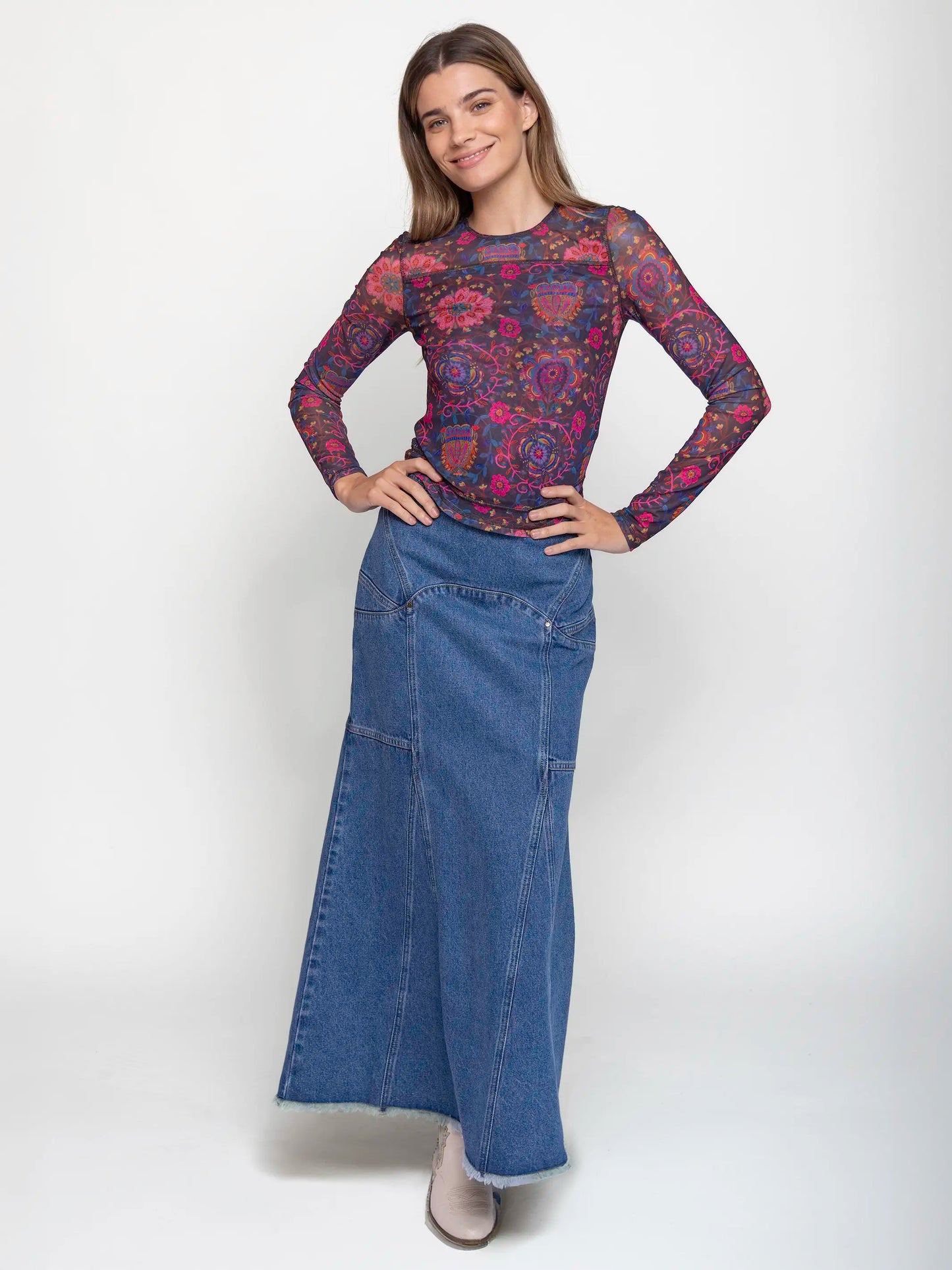 Sloane Mesh Long Sleeve Top - Enchanted Blooms