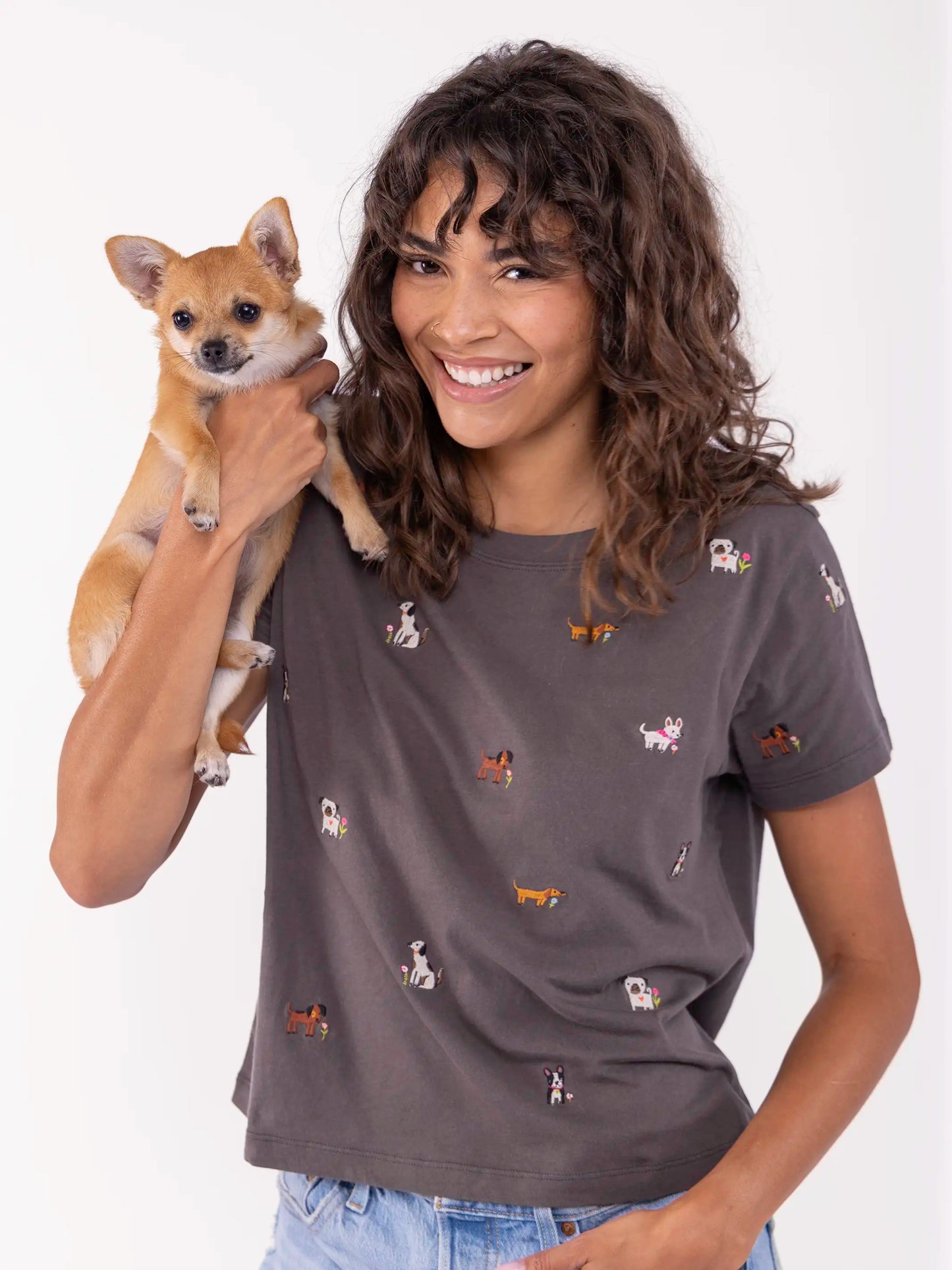 Fave Little Things Embroidered Tee - Charcoal Dogs