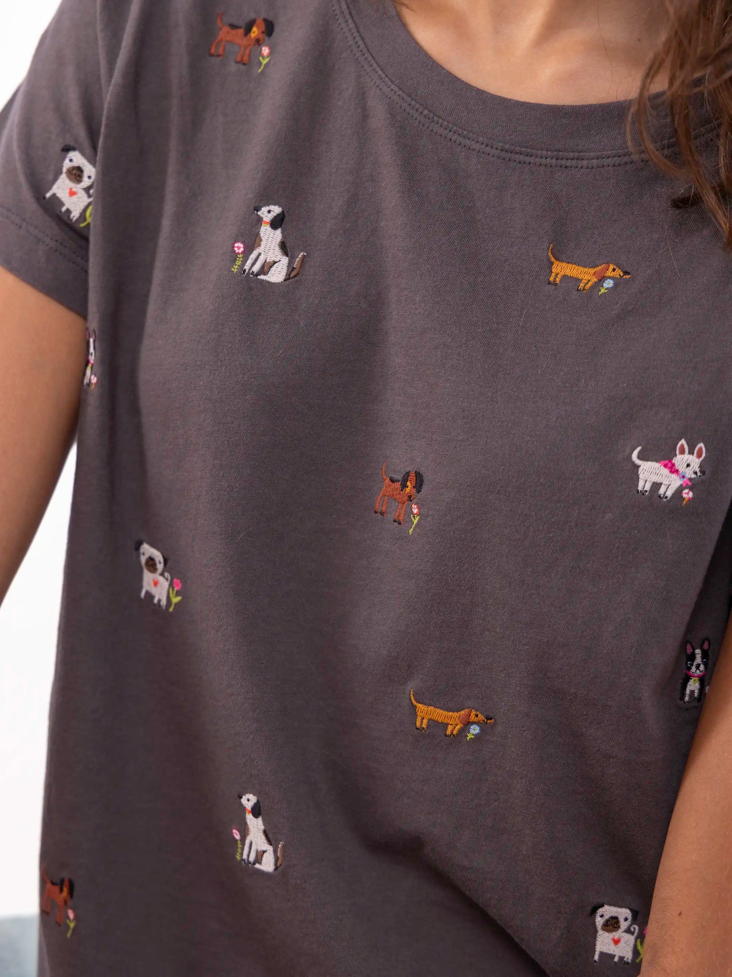 Fave Little Things Embroidered Tee - Charcoal Dogs