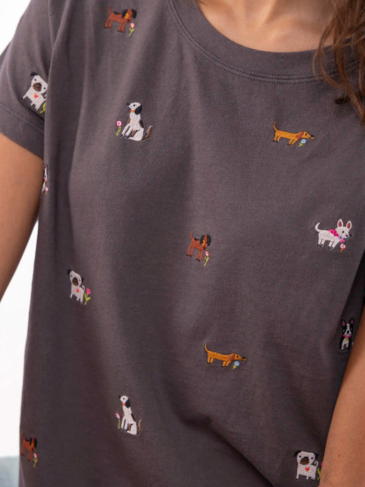 Fave Little Things Embroidered Tee - Charcoal Dogs