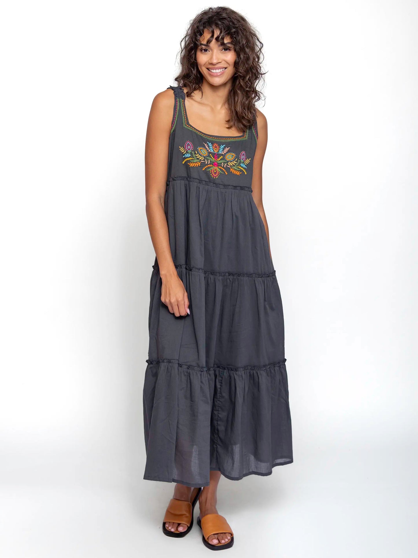 Adele Embroidered Cotton Midi Dress - Charcoal