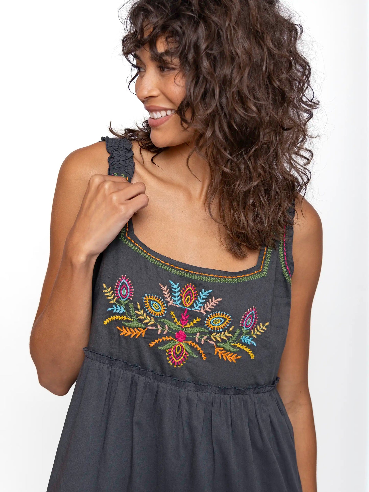 Adele Embroidered Cotton Midi Dress - Charcoal