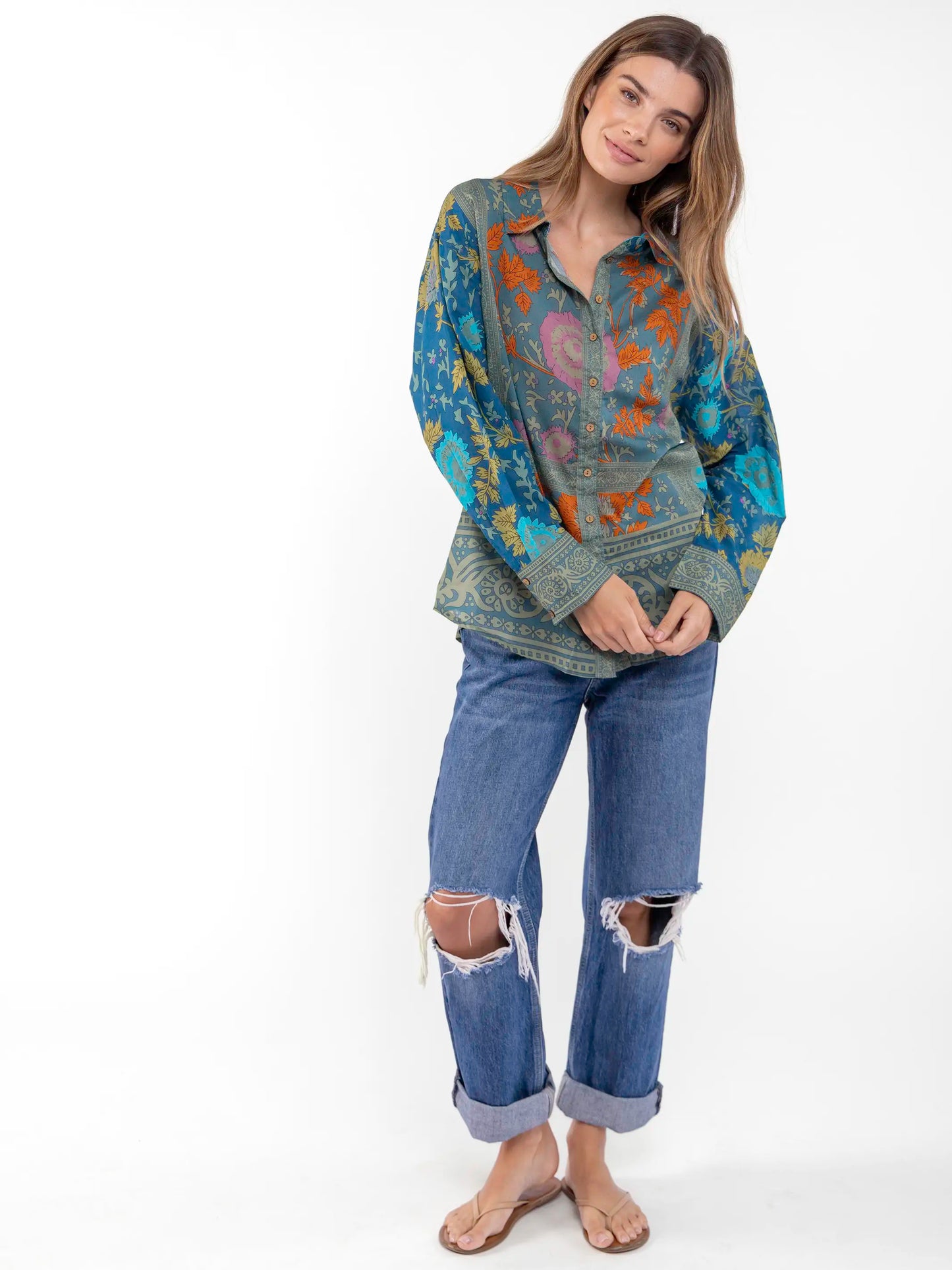 Barcelona Cotton Button Down - Teal Botanica