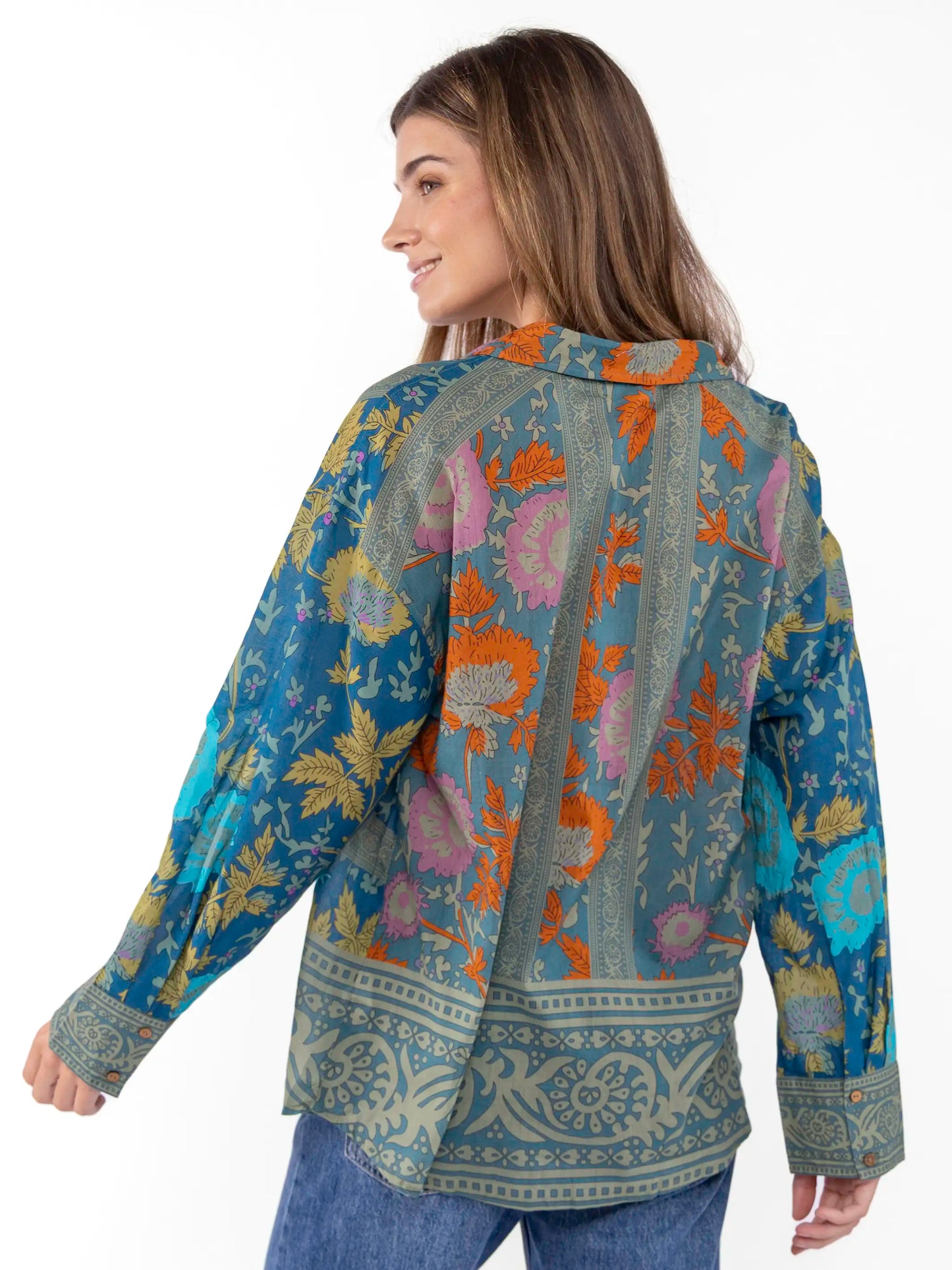 Barcelona Cotton Button Down - Teal Botanica