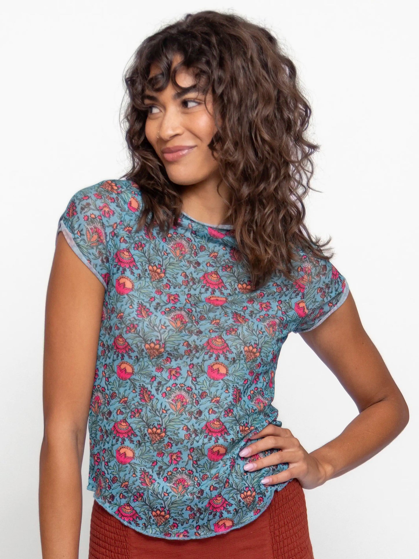 Simone Mesh Tee - Turquoise Pink Fan Floral