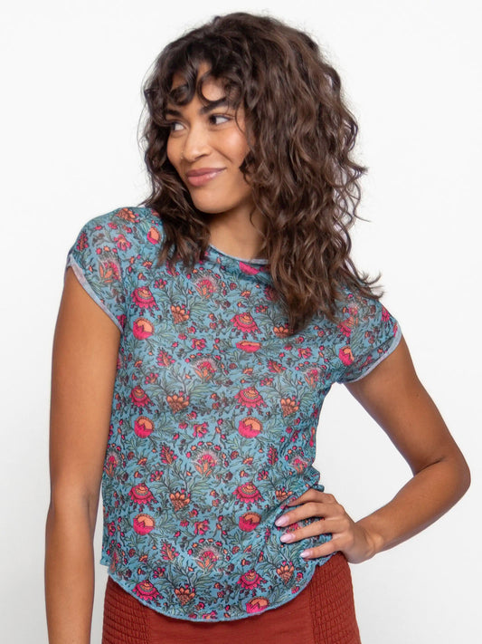 Simone Mesh Tee - Turquoise Pink Fan Floral