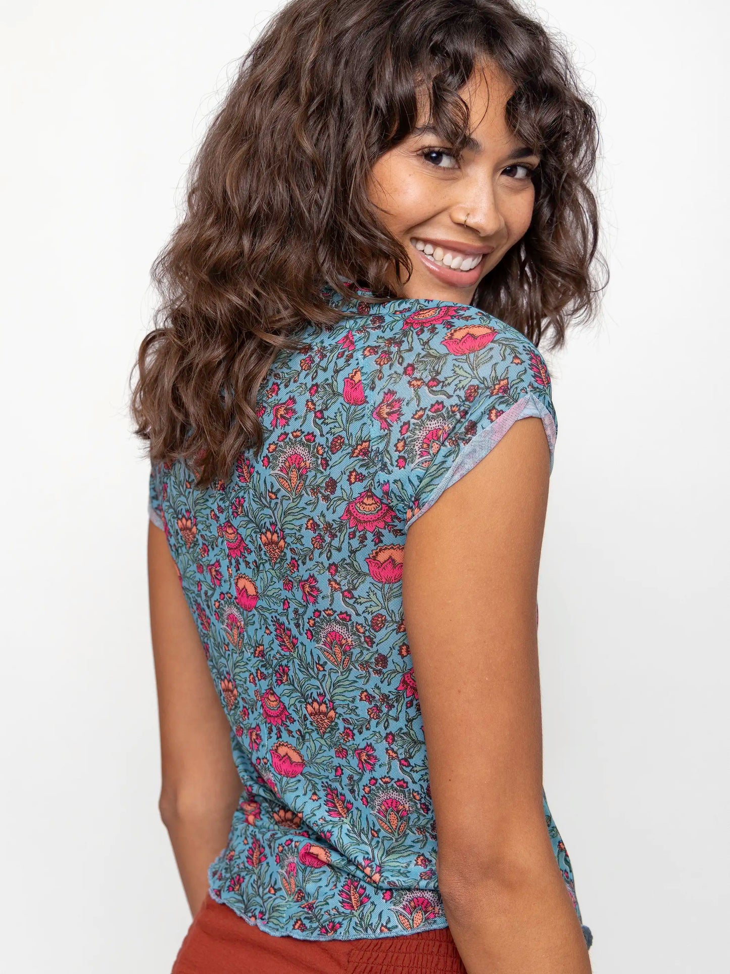 Simone Mesh Tee - Turquoise Pink Fan Floral