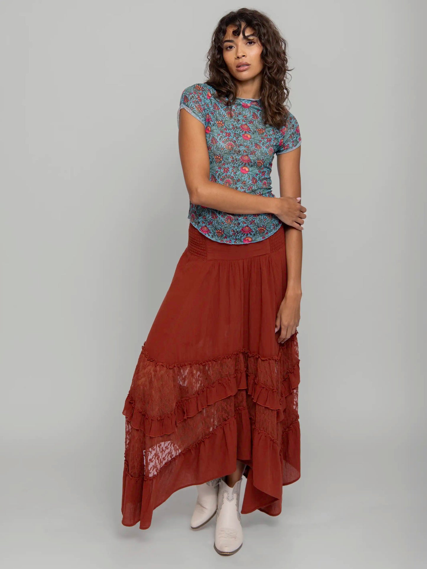 Feelin' Alive Lace Midi Skirt - Rust