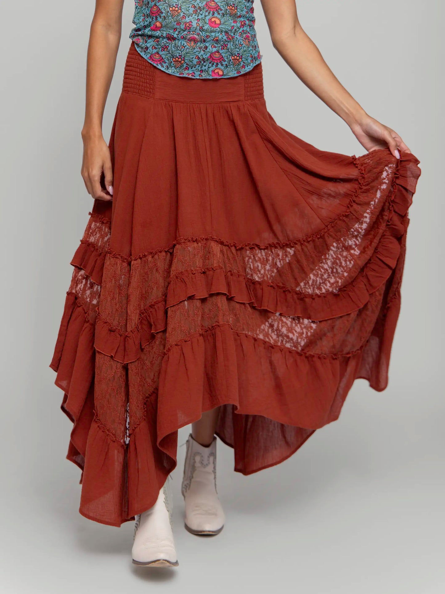 Feelin' Alive Lace Midi Skirt - Rust