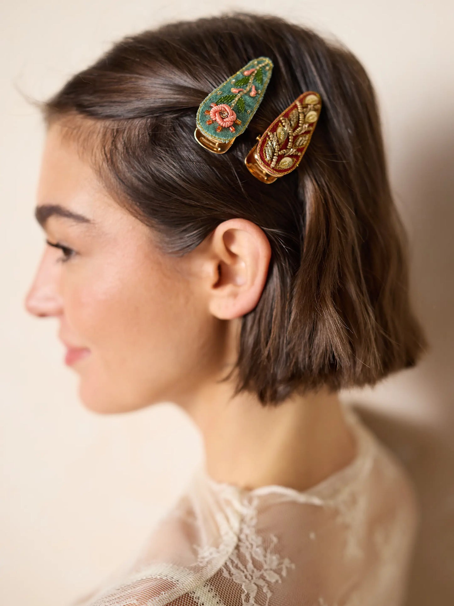 Beaded Teardrop Hair Clips - Orange & Turquoise