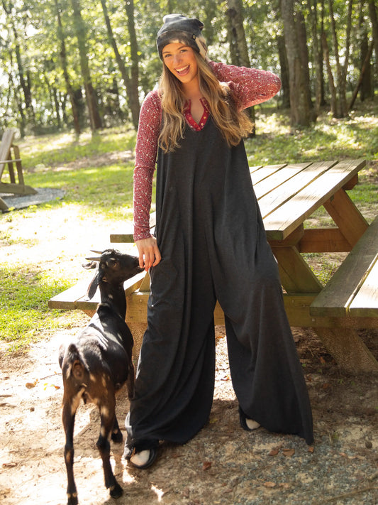 Knit V-Neck Jumpsuit - Charcoal