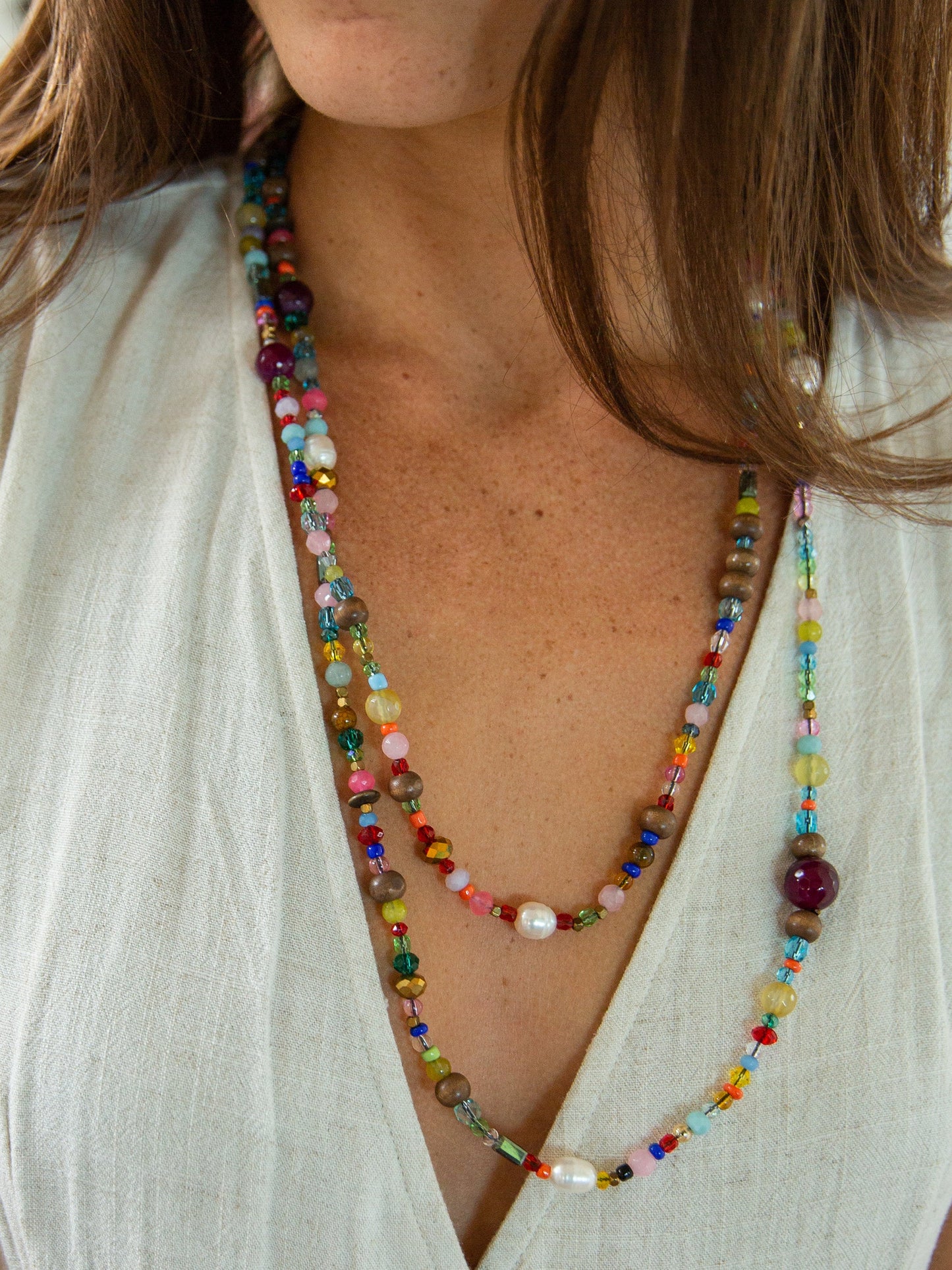 Boho Glass & Pearl Beaded Necklace - Multicolor
