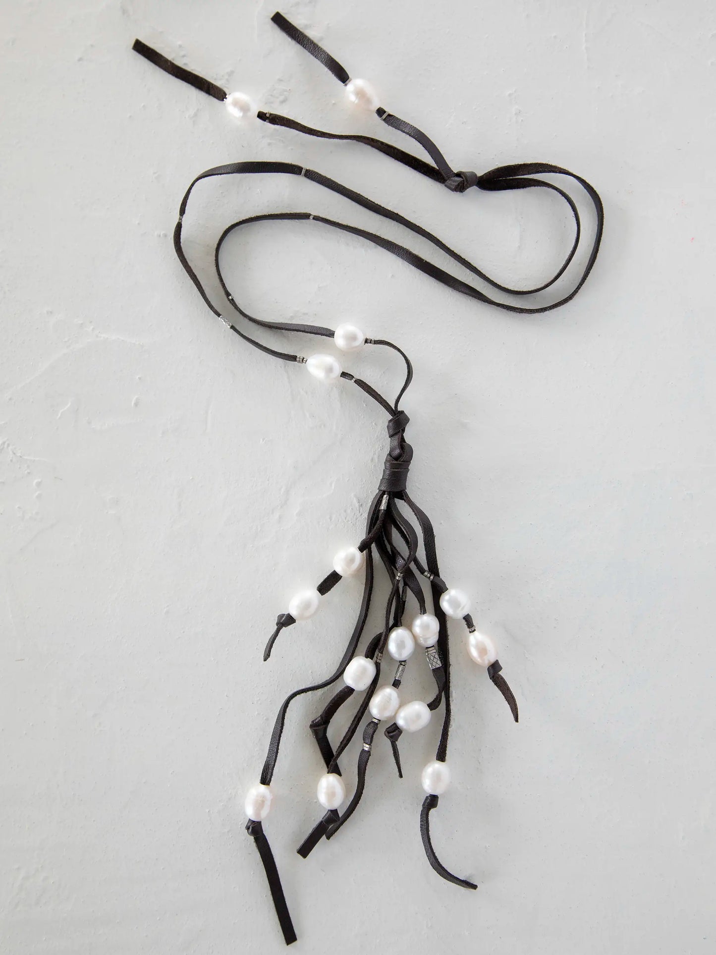 Real Pearl & Leather Tassel Necklace - Long White