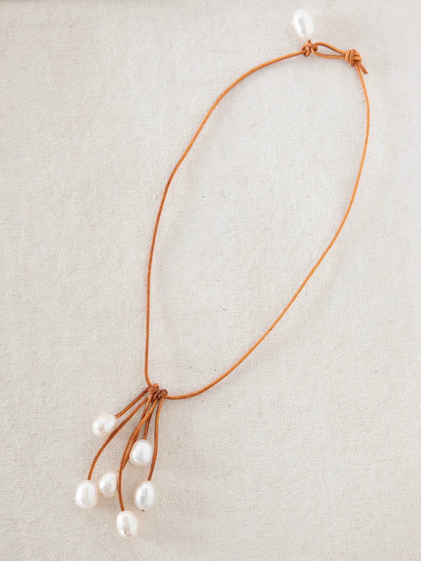 Real Pearl & Leather Tassel Necklace - Short White