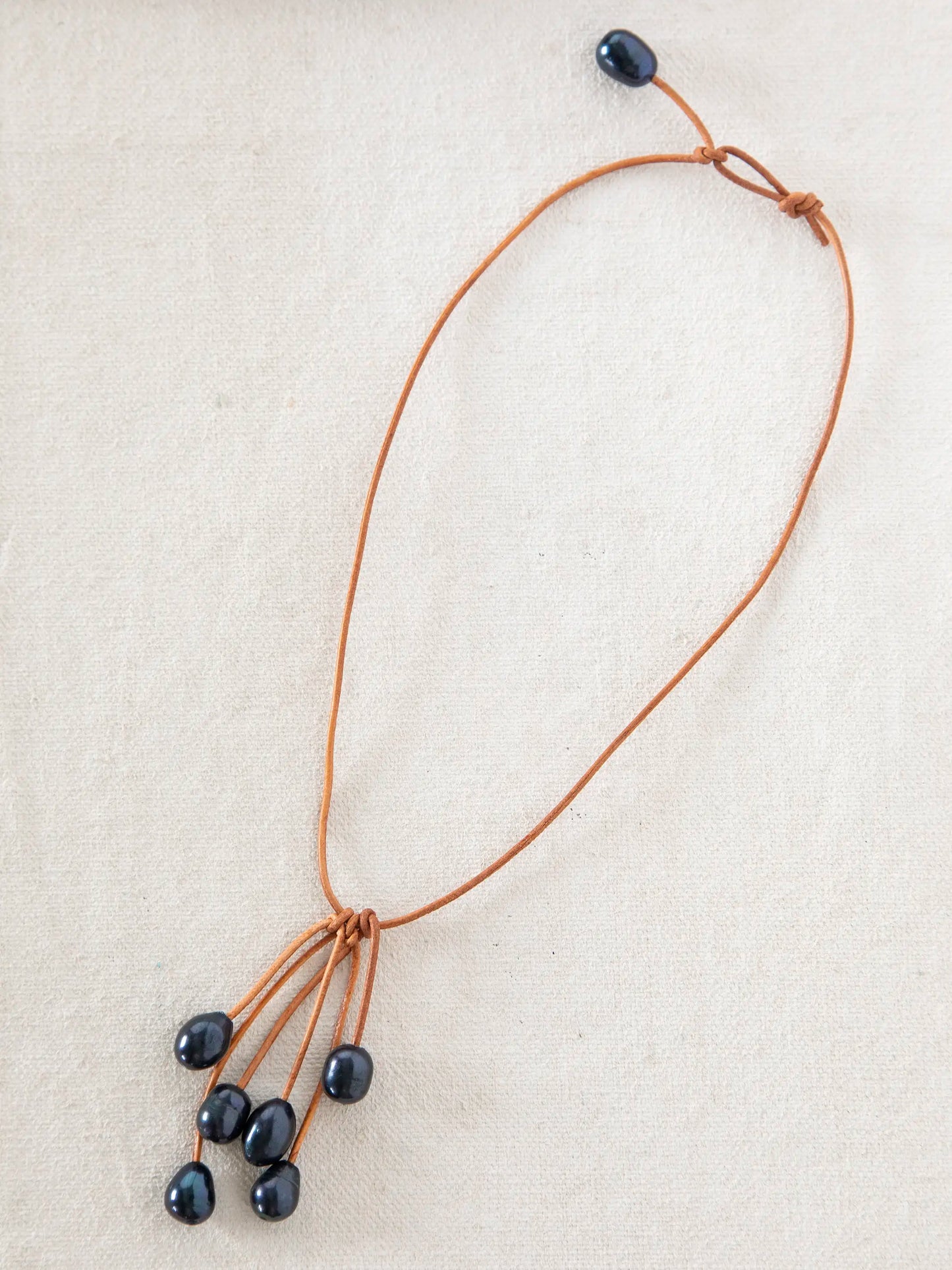 Real Pearl & Leather Tassel Necklace - Short Black