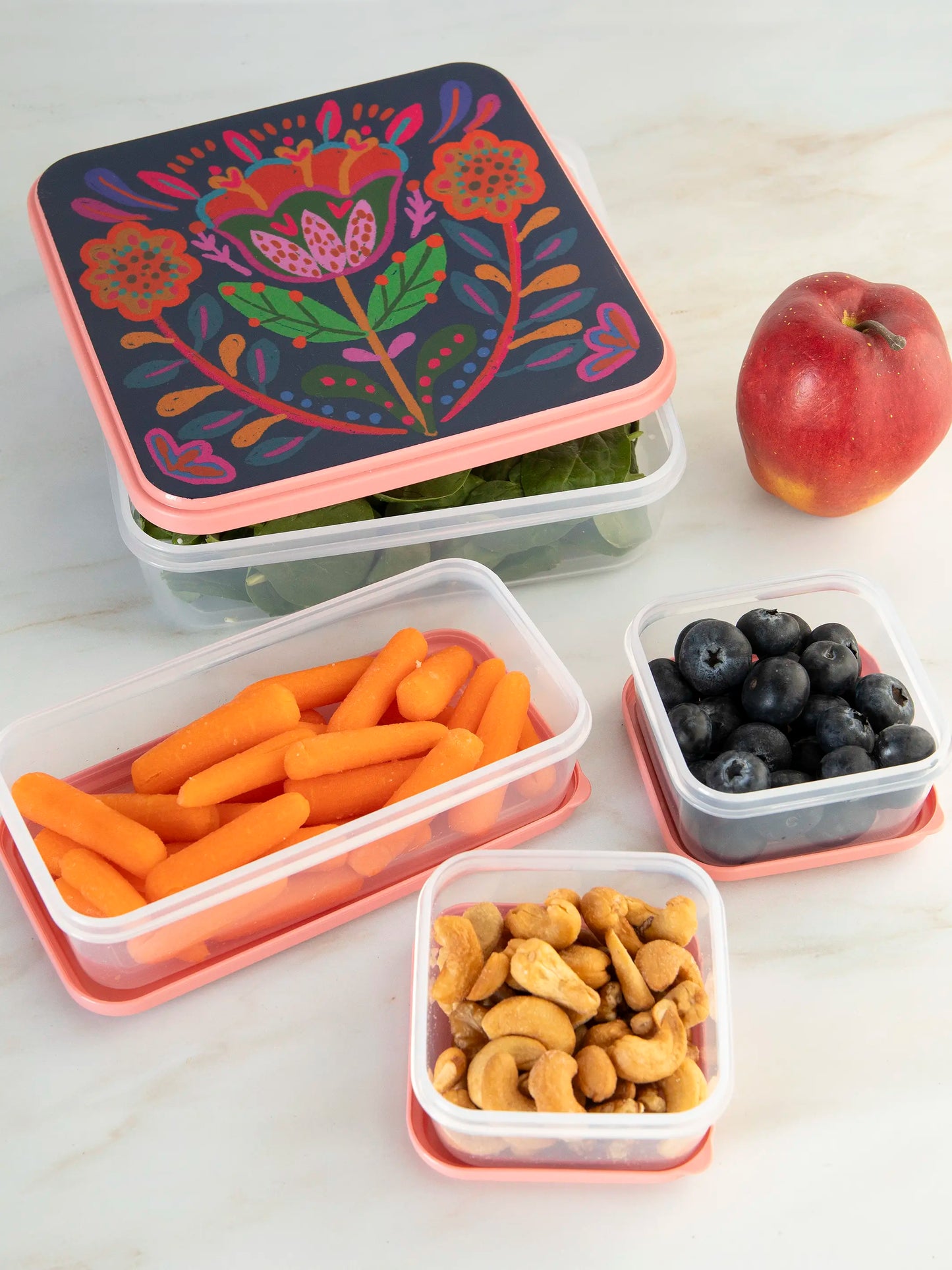 Nesting Storage Containers, Set of 4 - Light Pink Folk Flower