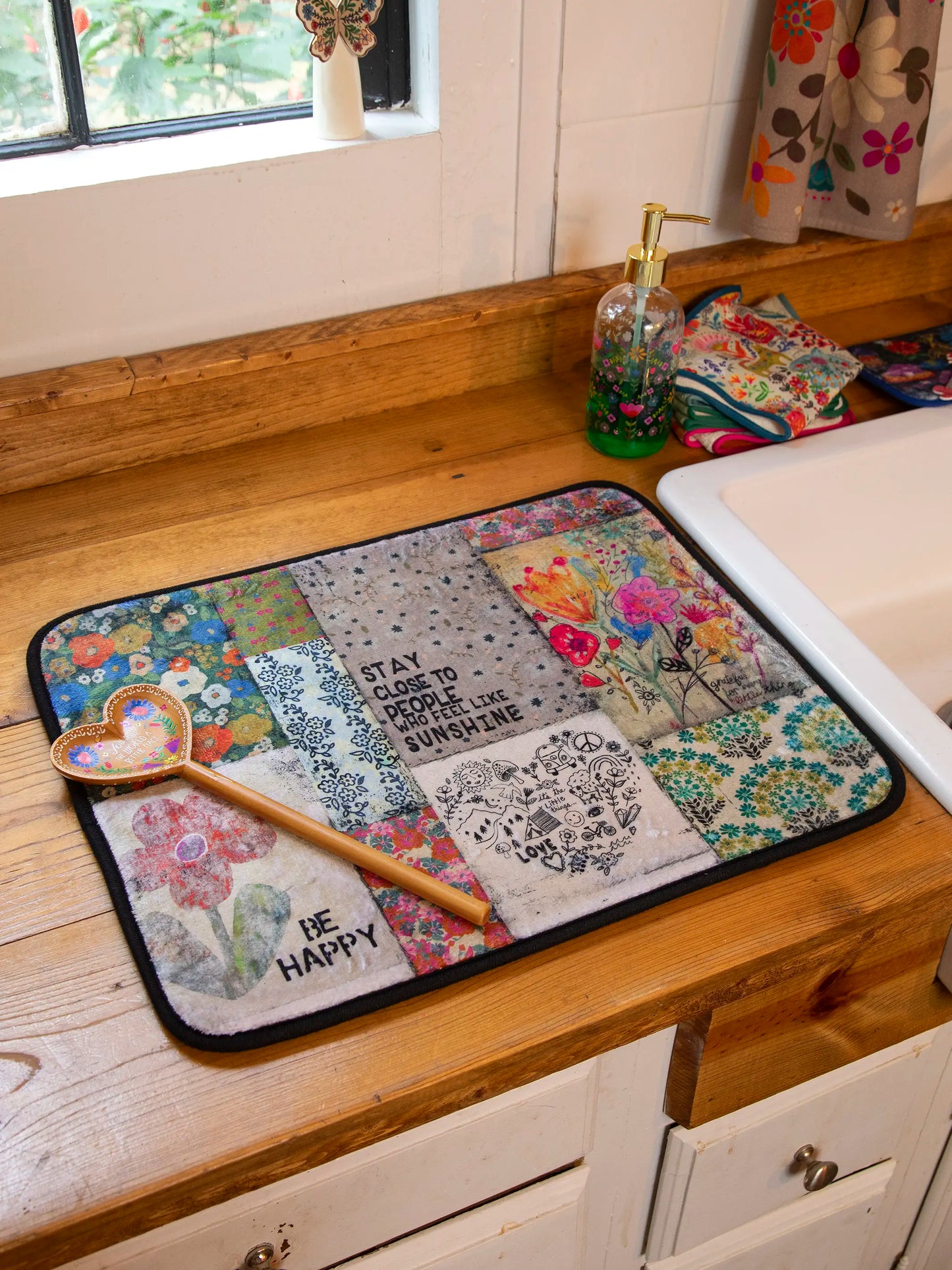 Reversible Dish Drying Mat - Dusty Blue Folk Flower