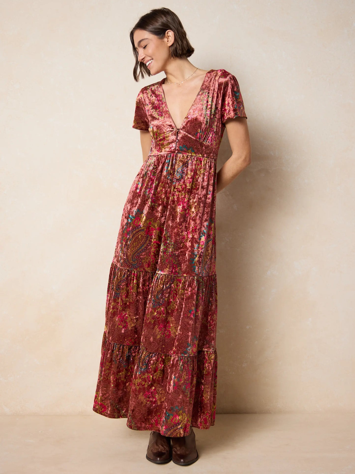 Evangeline Velvet Maxi Dress - Brown Stippled Paisley