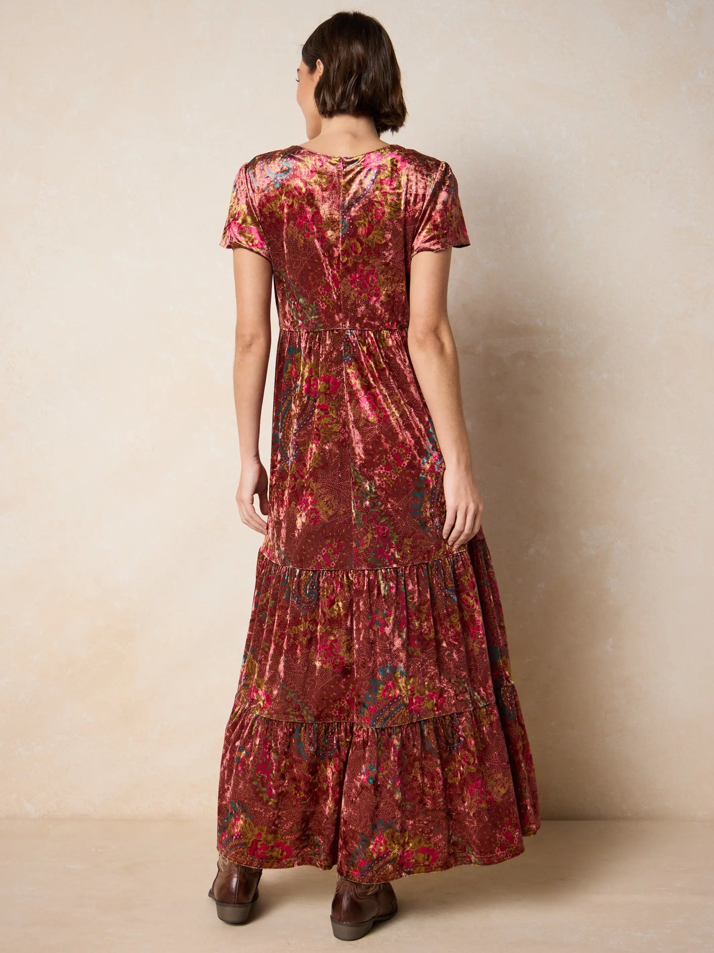 Evangeline Velvet Maxi Dress - Brown Stippled Paisley