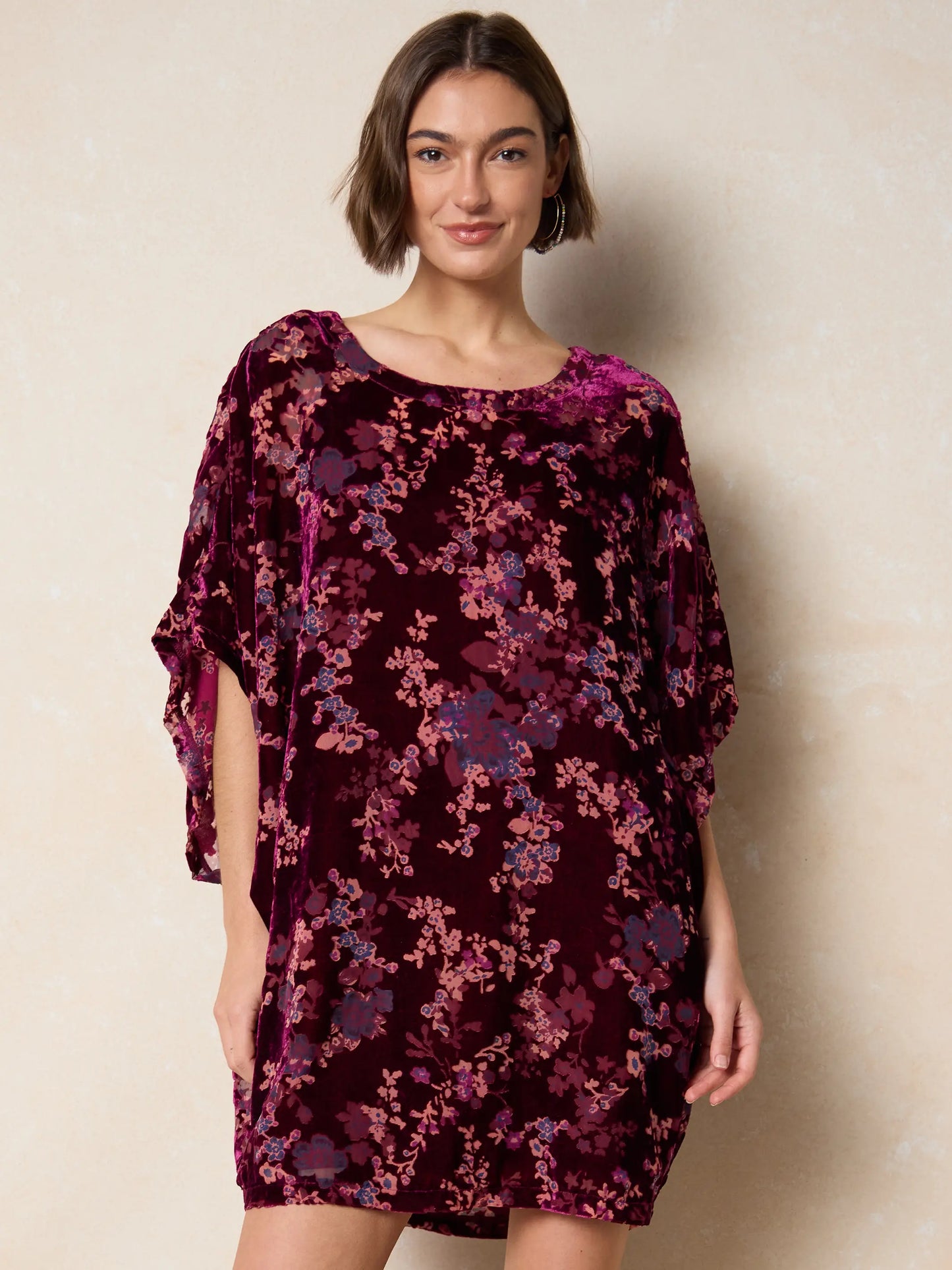 Happy Days Velvet Shift Dress - Cranberry Floral Branches