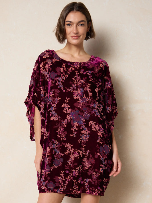 Happy Days Velvet Shift Dress - Cranberry Floral Branches