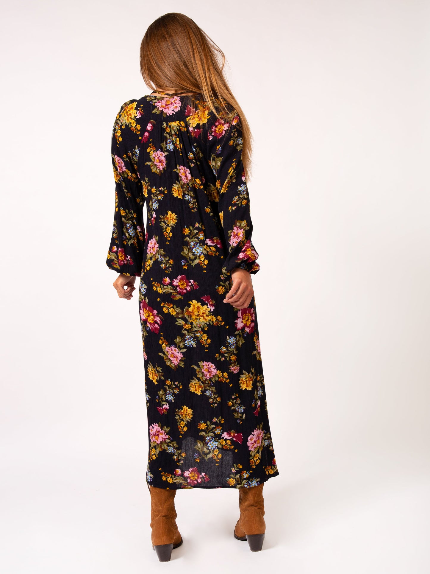 Rowan Side Slit Midi Dress - Navy Floral Bouquets