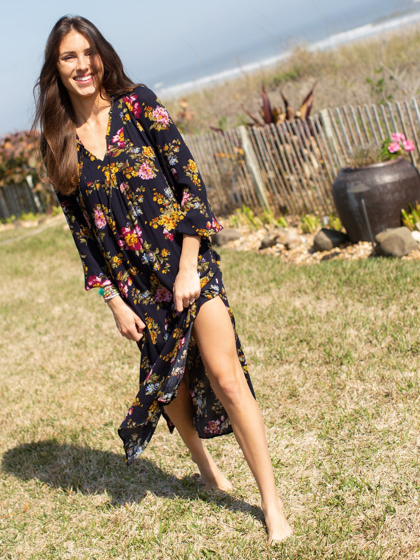 Rowan Side Slit Midi Dress - Navy Floral Bouquets