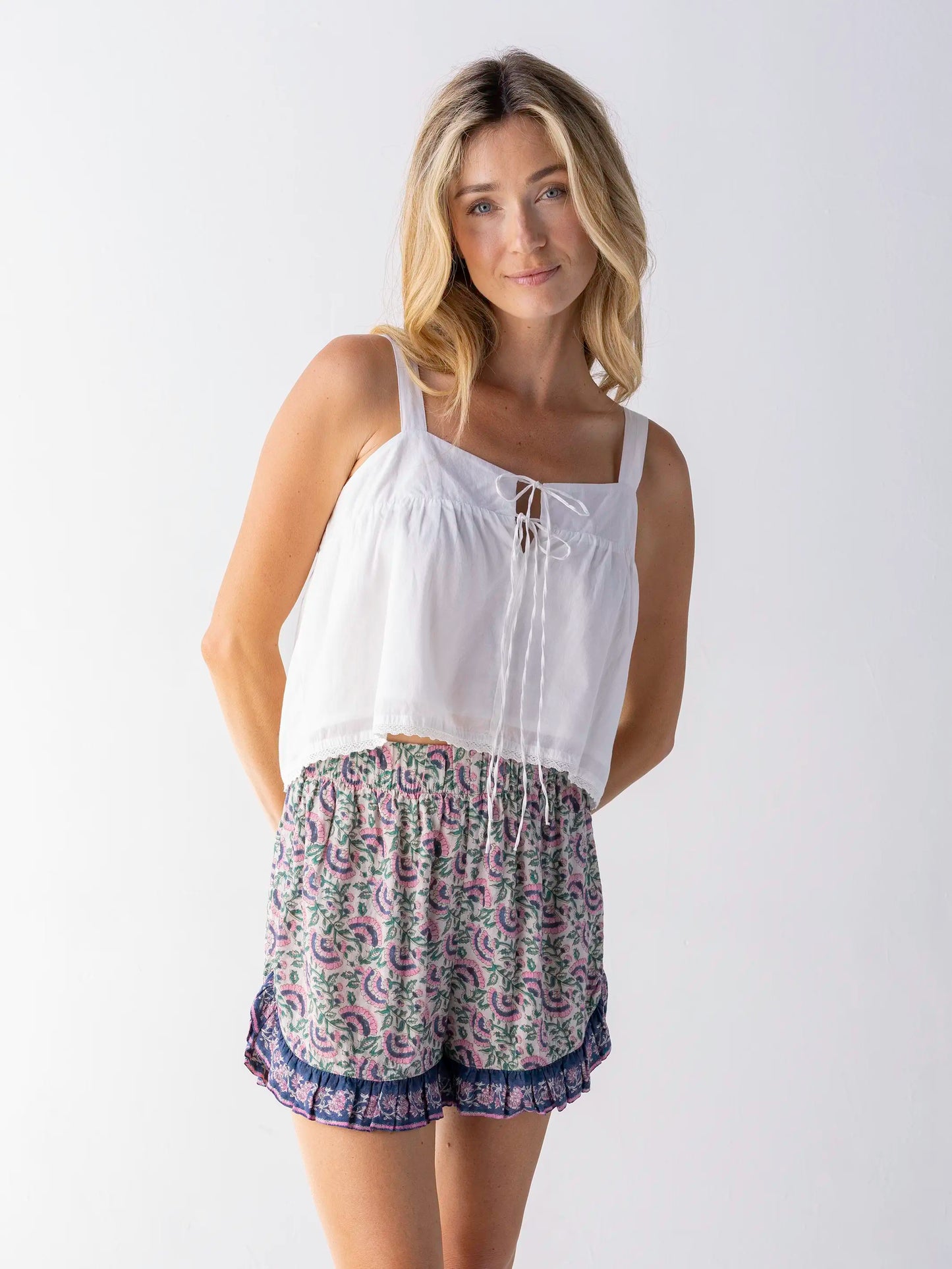 Get Up & Go Ruffle Shorts - Purple Fan Floral