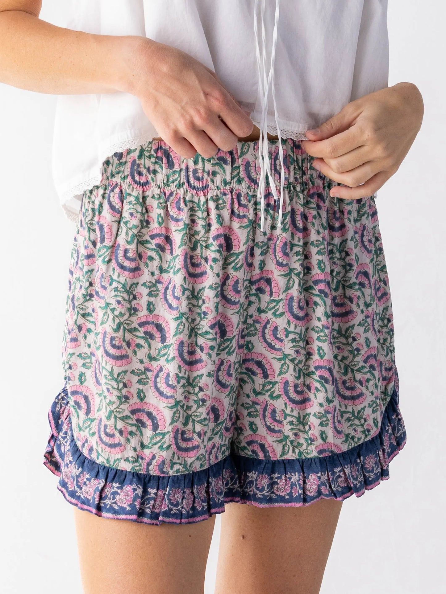 Get Up & Go Ruffle Shorts - Purple Fan Floral
