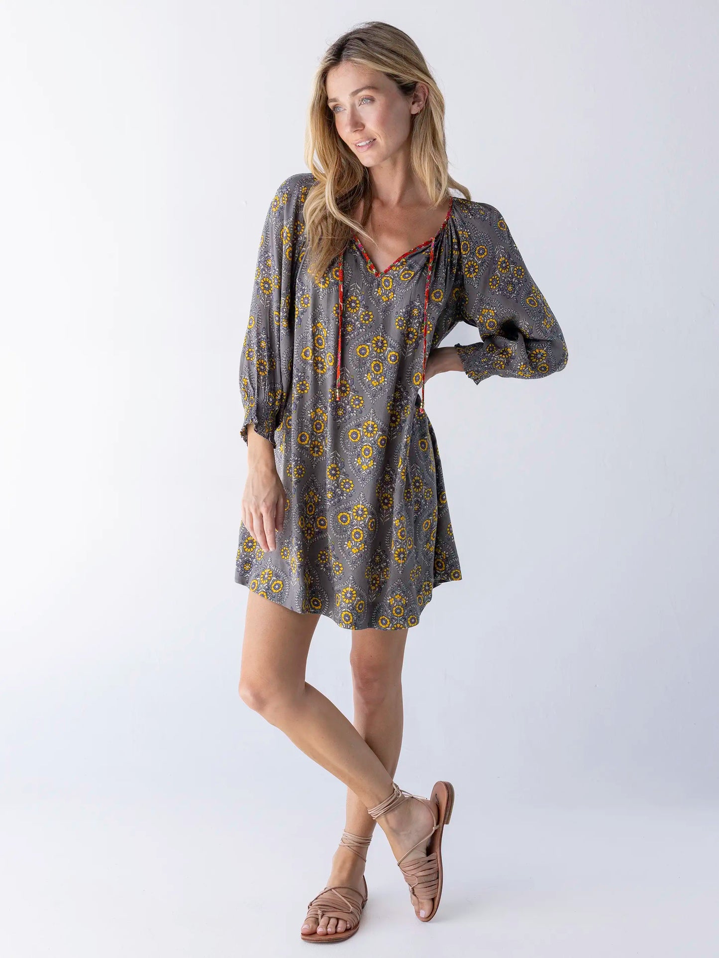 April Mini Dress - Grey Yellow Scrolls
