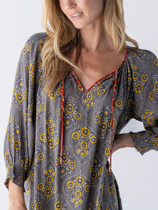 April Mini Dress - Grey Yellow Scrolls