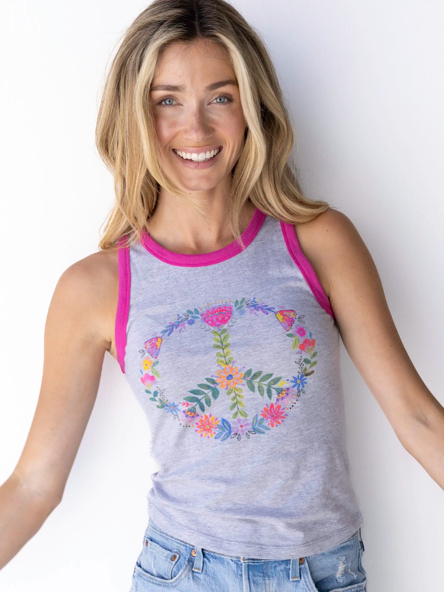 Ringer Tank Top - Grey Peace Sign