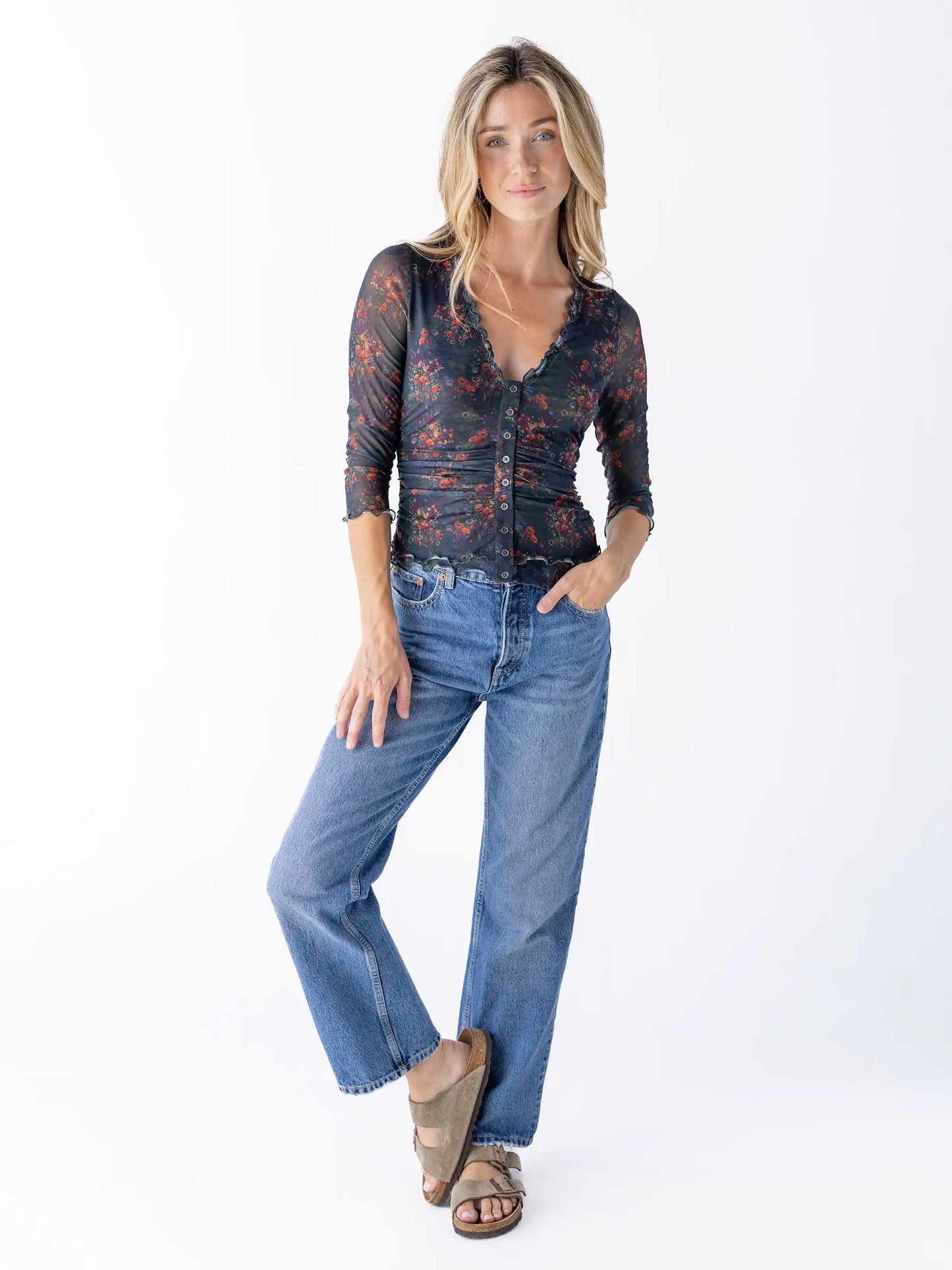 Florence Mesh Top - Navy Red Feathers