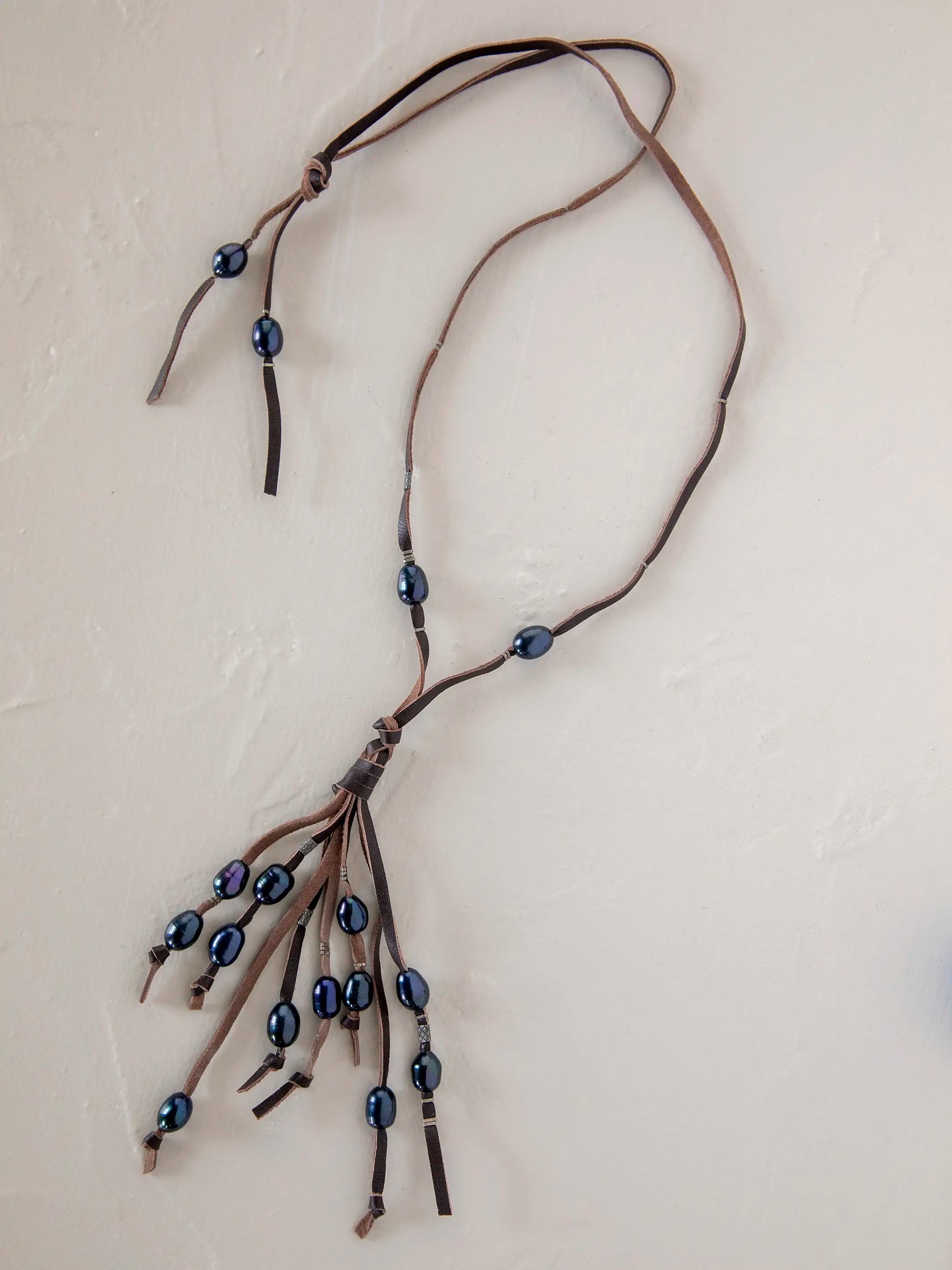 Real Pearl & Leather Tassel Necklace - Long Black