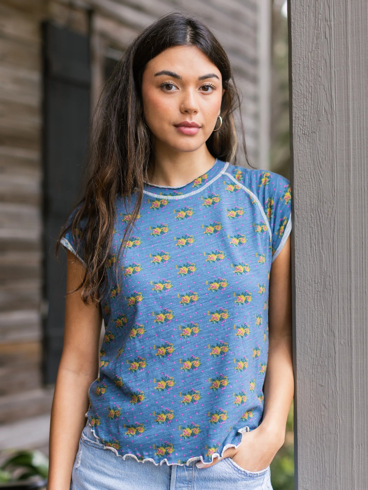 Lily Cotton Short Sleeve Tee Shirt - Blue Polka Dot Floral