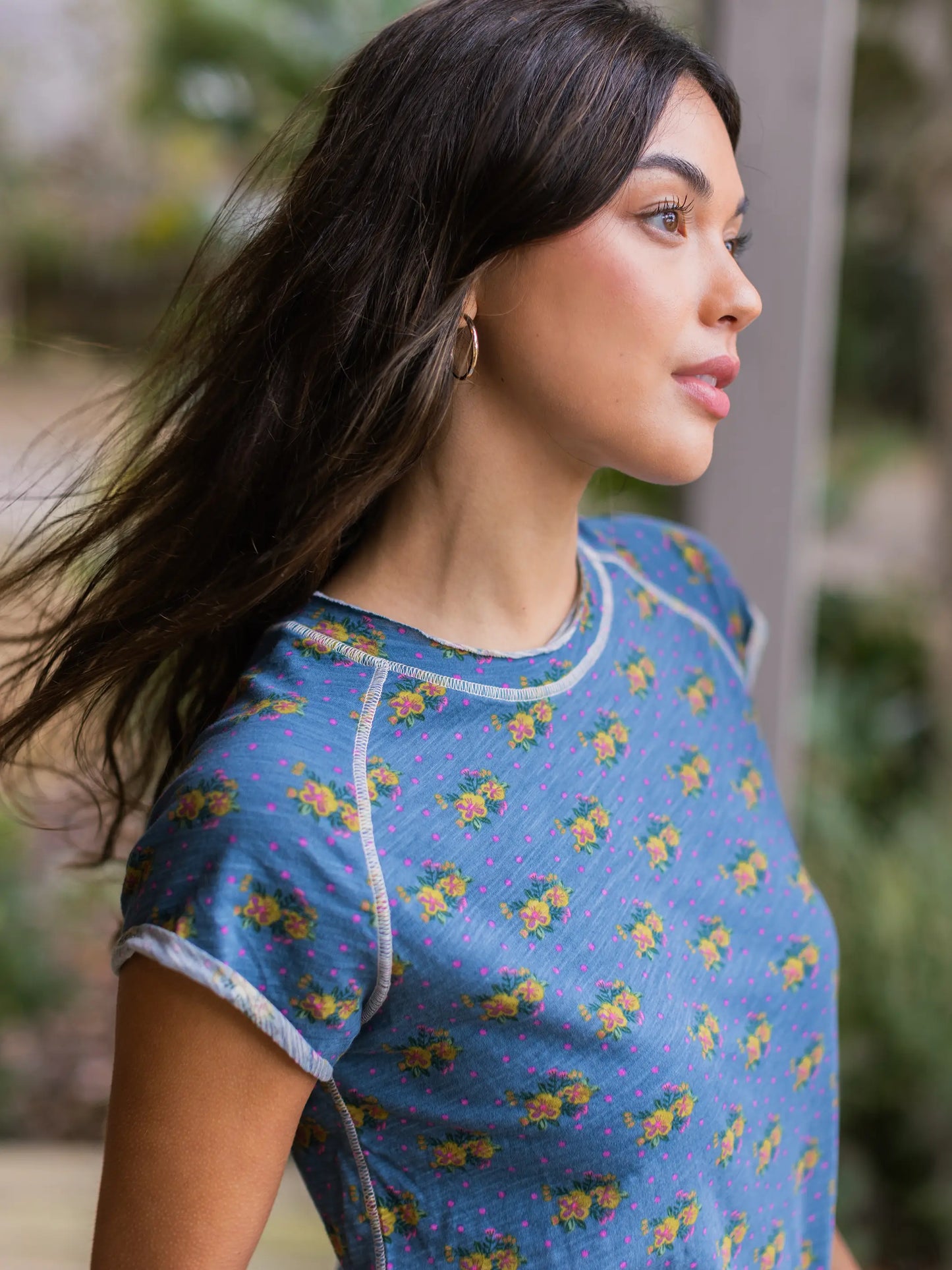 Lily Cotton Short Sleeve Tee Shirt - Blue Polka Dot Floral