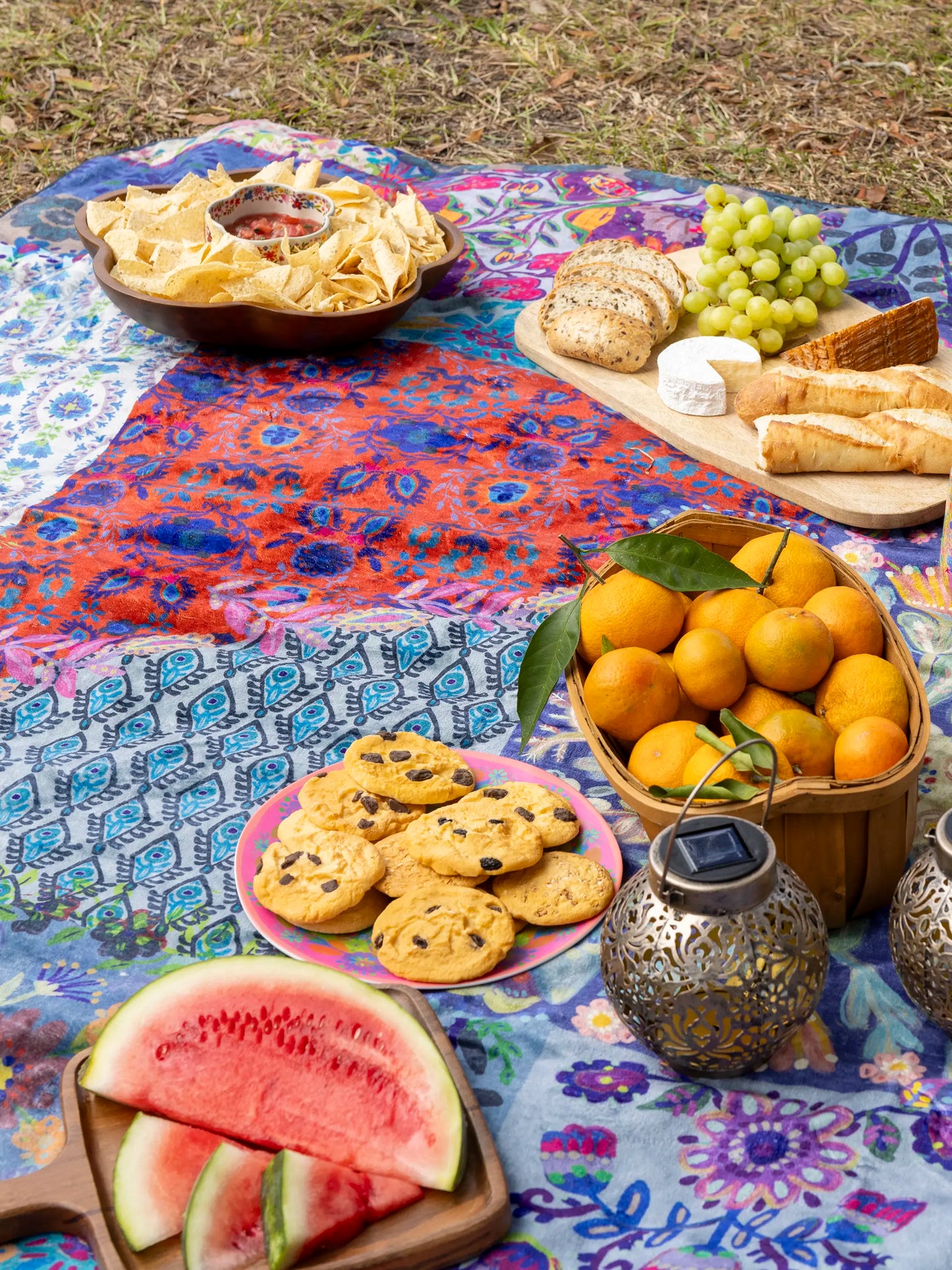 XL Water Resistant Picnic Blanket - Blue Patchwork