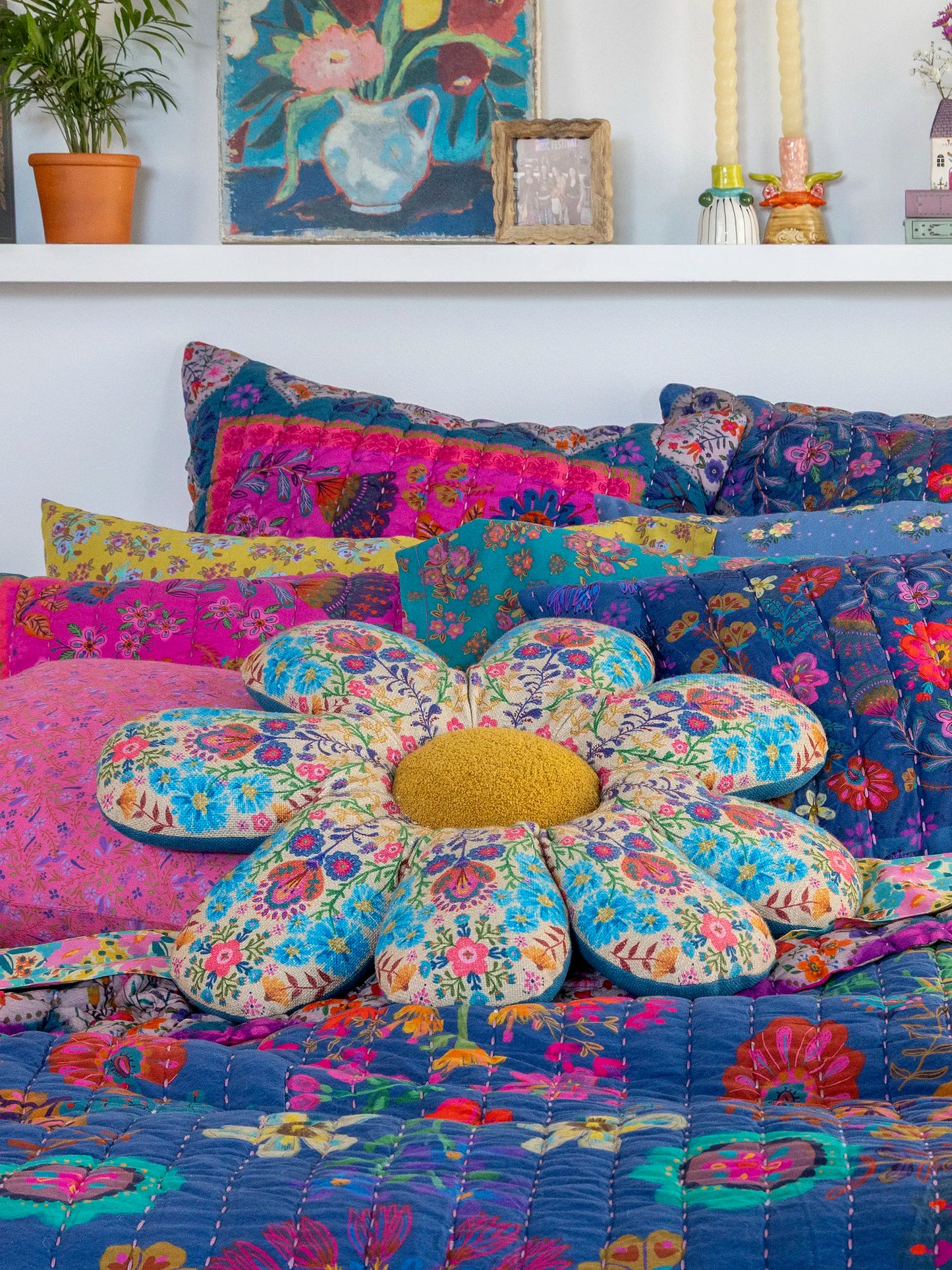 Boho Cotton Flower Cushion - Cream Folk Flower