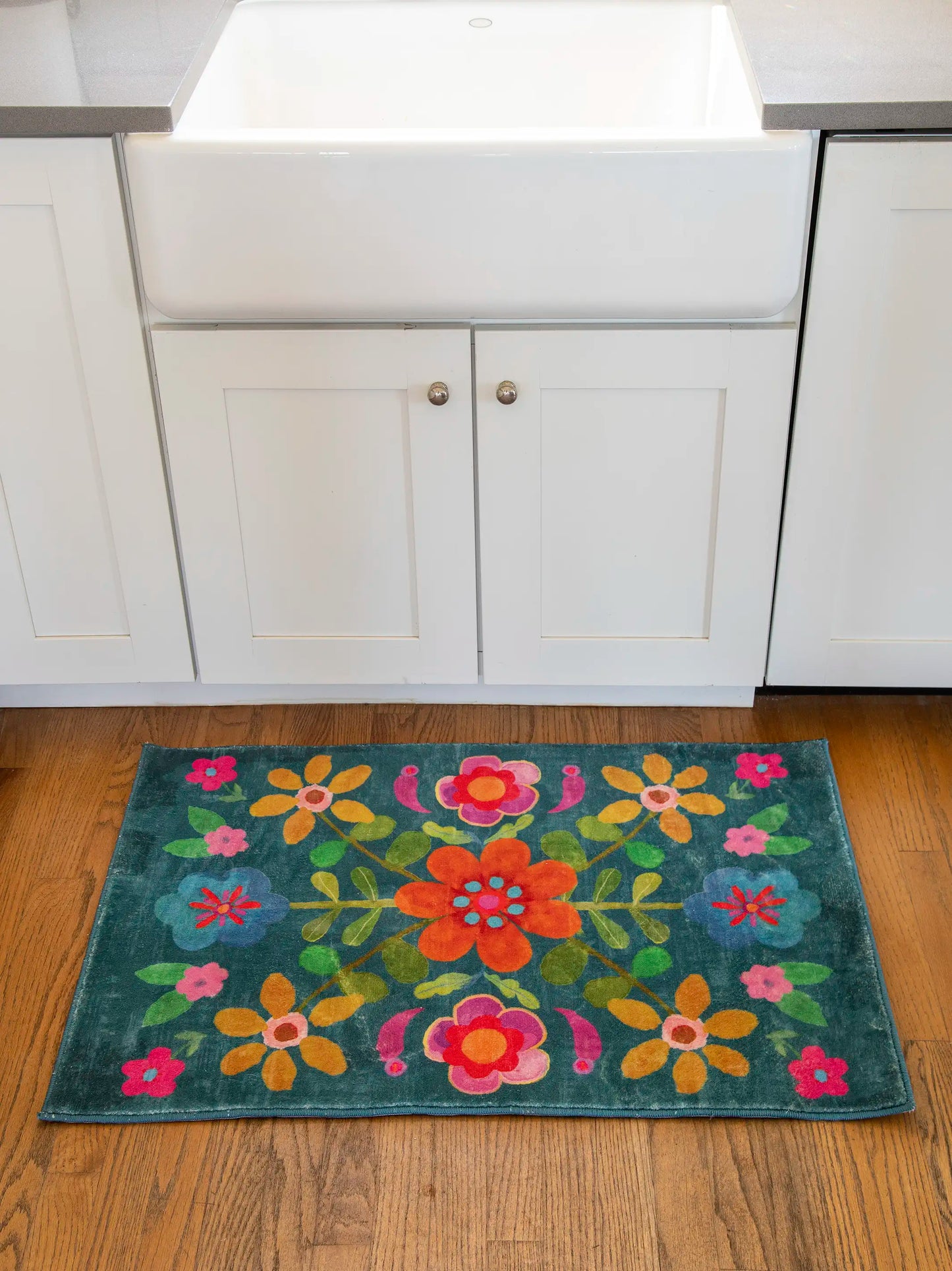 Chenille Rug, 2' x 3' - Teal Folk Floral