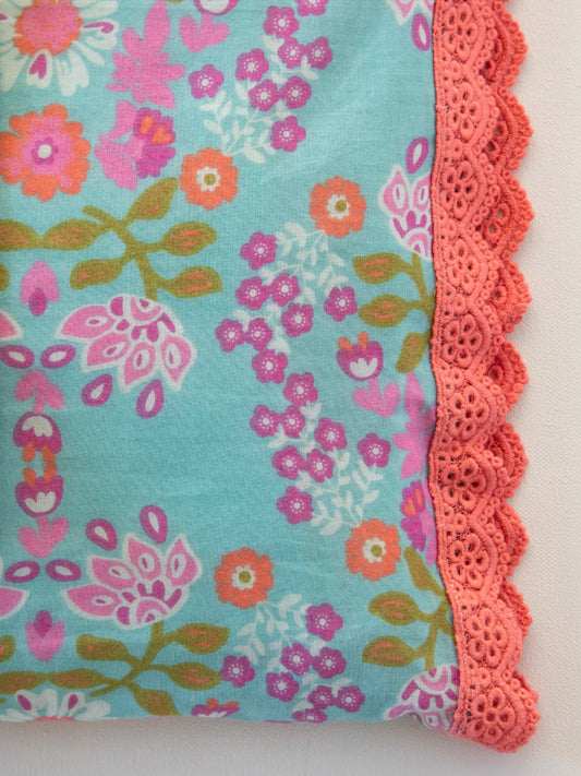 Mix & Match Trim Cotton Pillowcase - Turquoise Motif