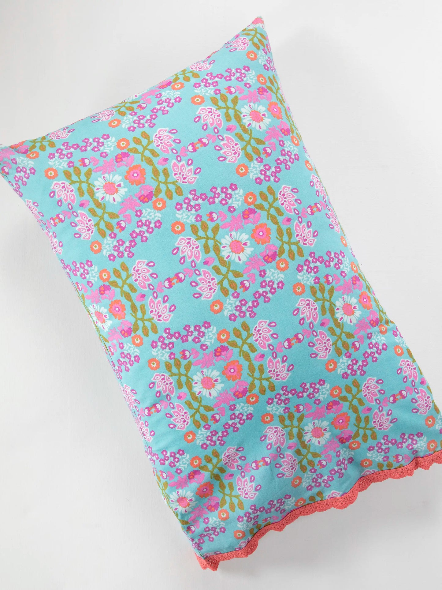 Mix & Match Trim Cotton Pillowcase - Turquoise Motif