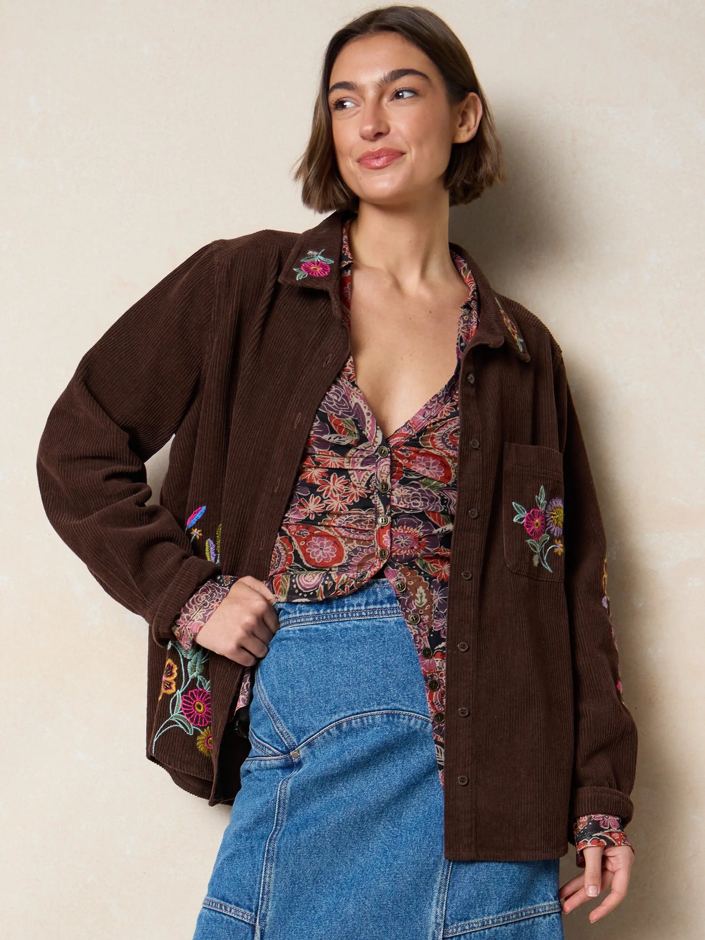 Cutest Embroidered Corduroy Shirt - Brown Floral