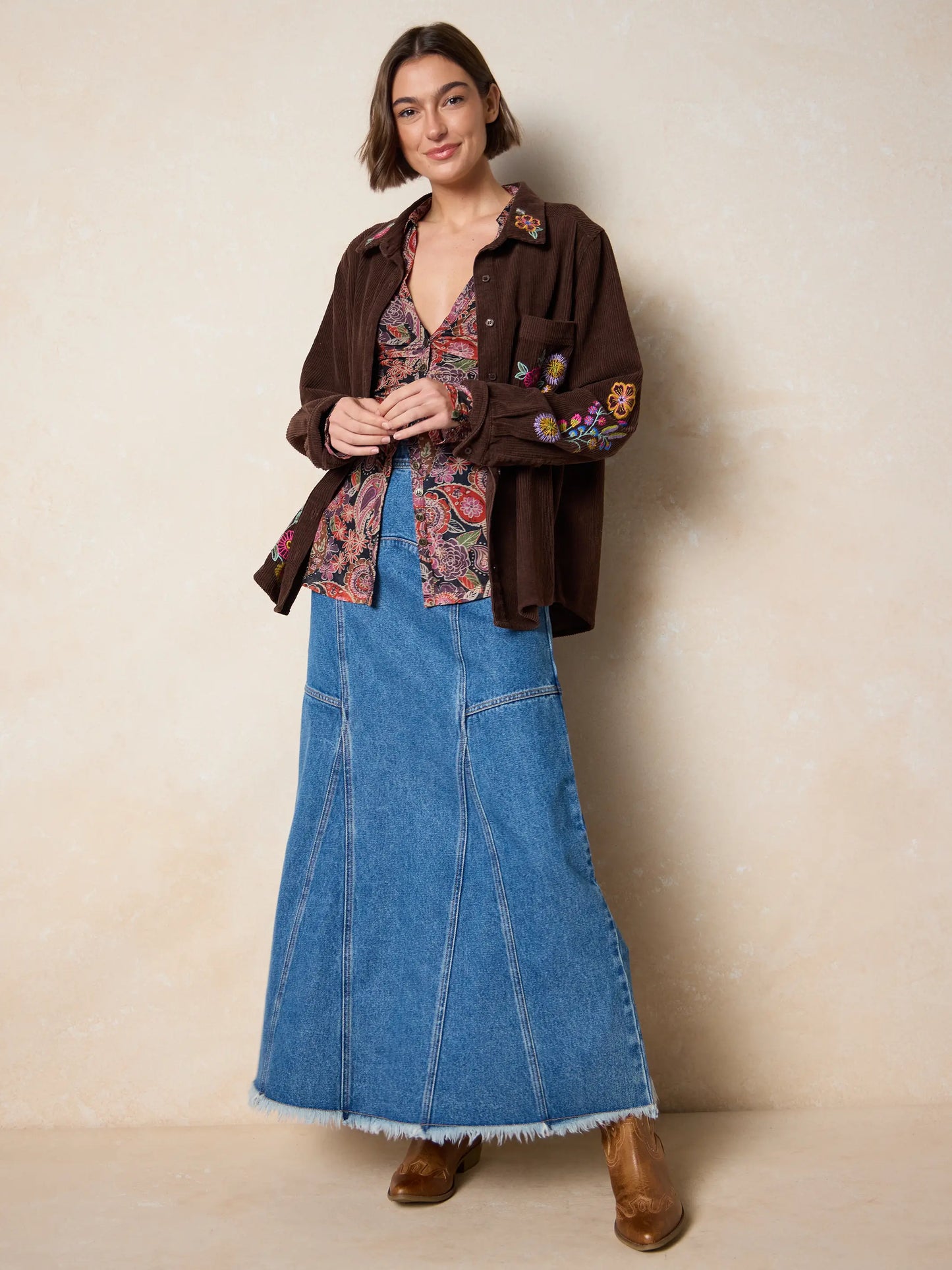Fitted Cotton Denim Maxi Skirt - Medium Wash