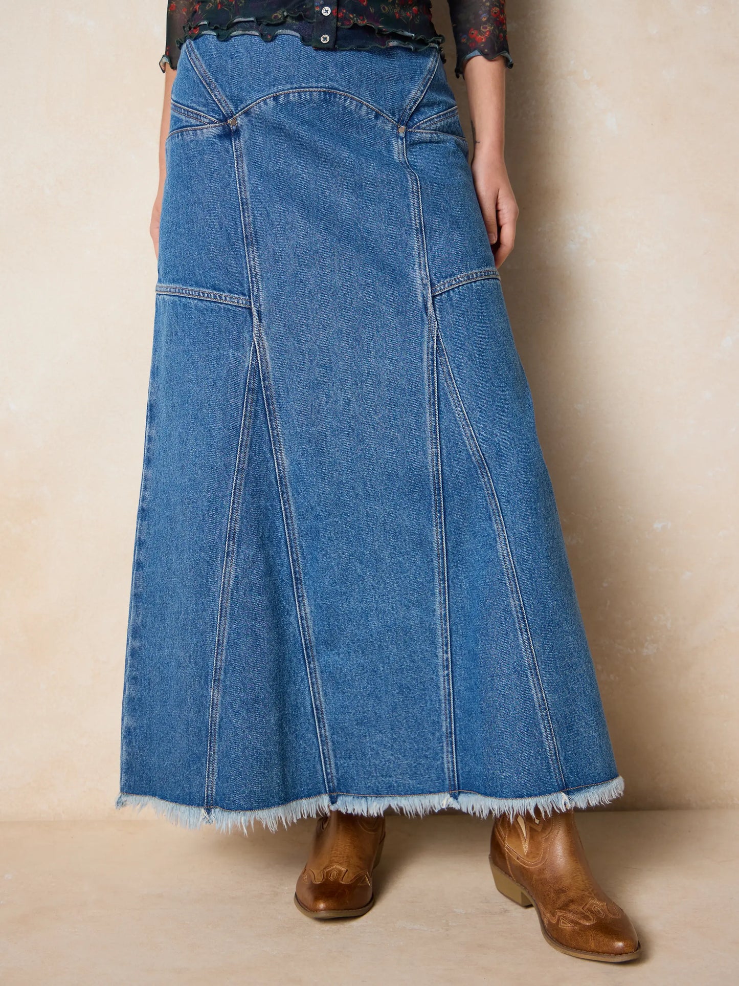 Fitted Cotton Denim Maxi Skirt - Medium Wash